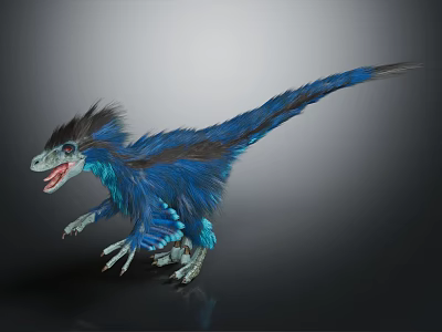 Realistic Feathered Blue Dinosaur Character 3D Model With Vibrant Plumage And Open Mouth 3d model