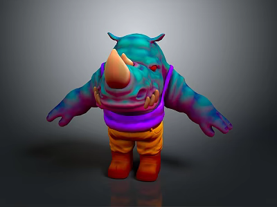 Colorful Cartoon Rhino Character With Turquoise Body Purple Vest And Orange Pants 3d model