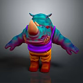 Colorful Cartoon Rhino Character With Turquoise Body Purple Vest And Orange Pants