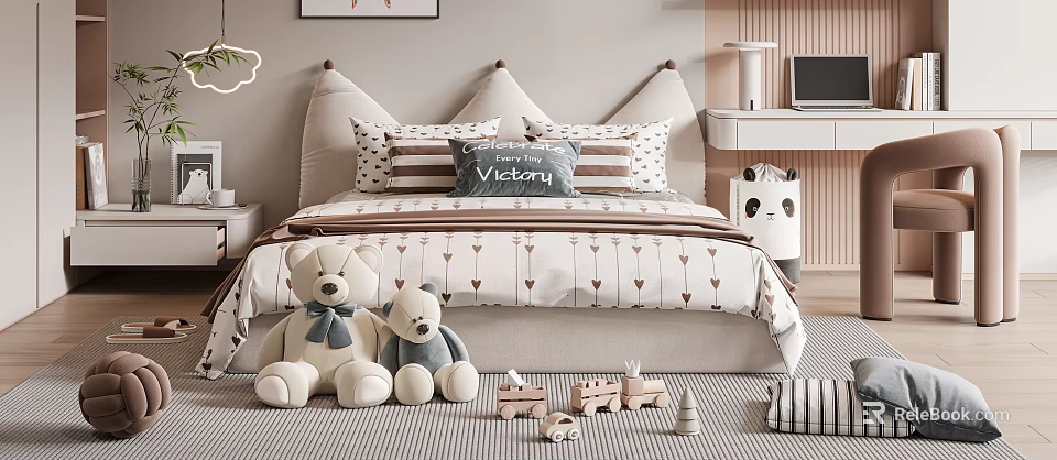 Cozy Kids Bed with Arrow Pattern Bedding Pillows Teddy Bears and Wooden Toys 3d model 