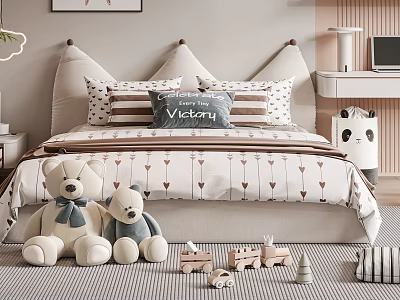 Cozy Kids Bed with Arrow Pattern Bedding Pillows Teddy Bears and Wooden Toys 3d model