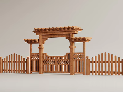 Wooden Fence And Gate For Outdoor Garden With Pergola Top 3d model