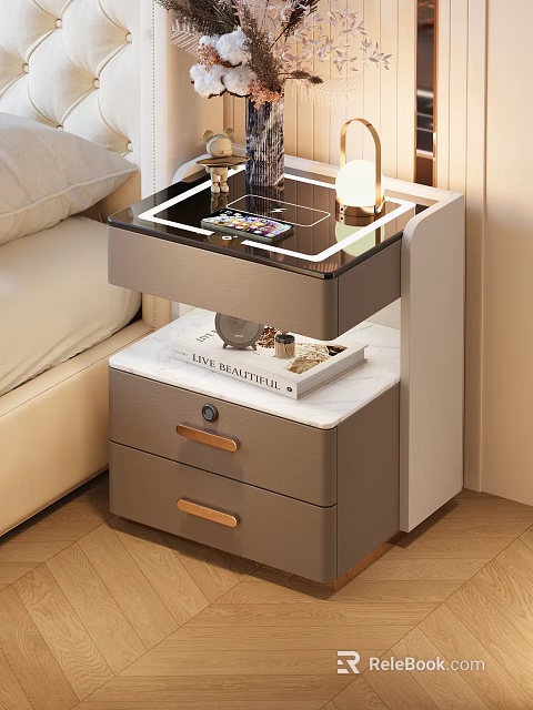 Modern Side Table with Glass Surface Marble Top and Gray Storage Drawers for Living Room 3d model 
