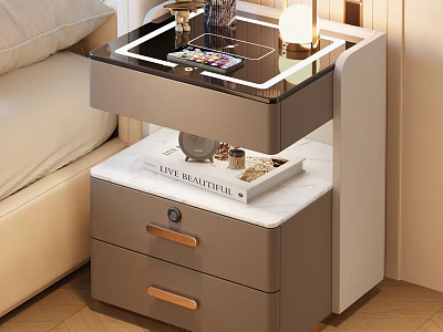 Modern Side Table with Glass Surface Marble Top and Gray Storage Drawers for Living Room 3d model