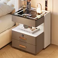 Modern Side Table with Glass Surface Marble Top and Gray Storage Drawers for Living Room