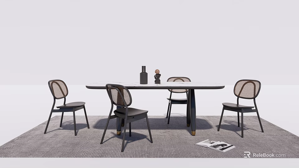 Modern Round Dining Table Set with Woven Back Black Chairs on Gray Rug 3d model