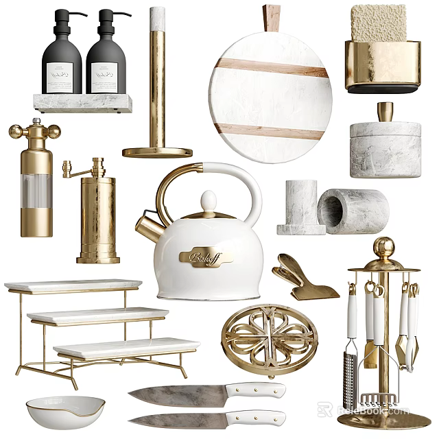 Elegant Kitchenware Collection Featuring Gold Accents Marble Details And White Kettle 3d model 