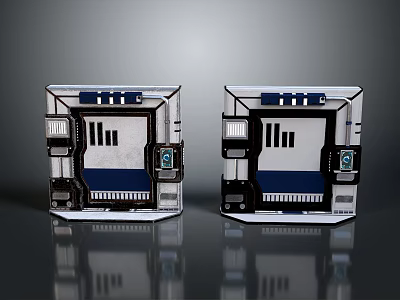 Pair of Futuristic Sci Fi Metallic Gates With Blue Accents And Control Panel Elements 3d model