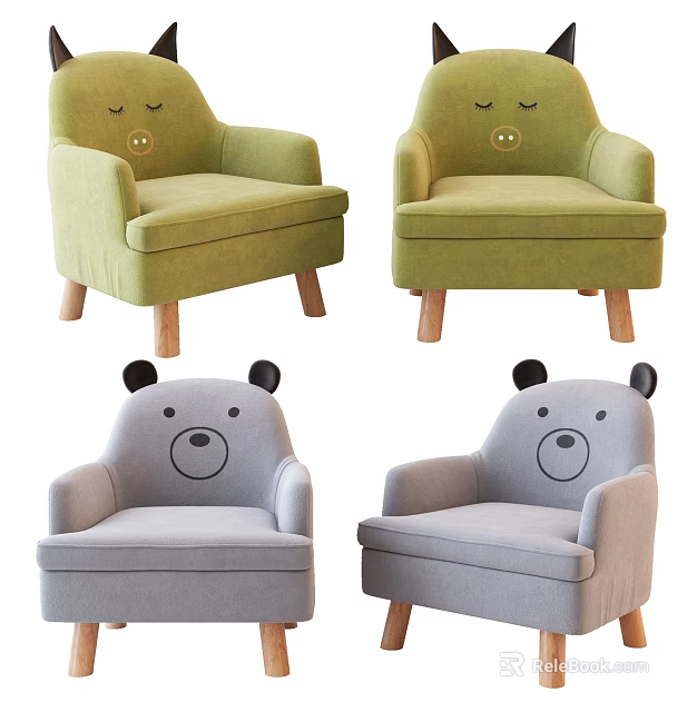 Cute Bear Shaped Single Sofa with Wooden Legs Green and Gray Bear Face Design 3d model 