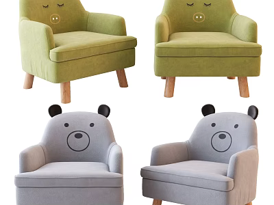 Cute Bear Shaped Single Sofa with Wooden Legs Green and Gray Bear Face Design 3d model