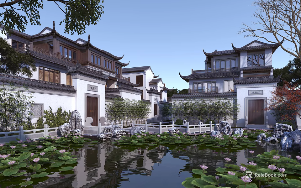 Chinese Style Detached Villas With Water Garden And Traditional Architecture 3d model 