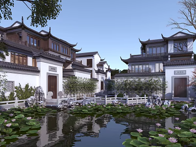 Chinese Style Detached Villas With Water Garden And Traditional Architecture 3d model
