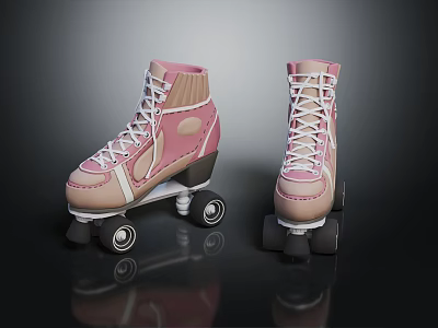 Pink Roller Skates With White Laces And Black Wheels Classic Design Style 3d model