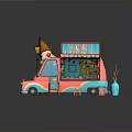 Colorful Ice Cream Truck With Pink And Blue Exterior Awning And Cone Decoration