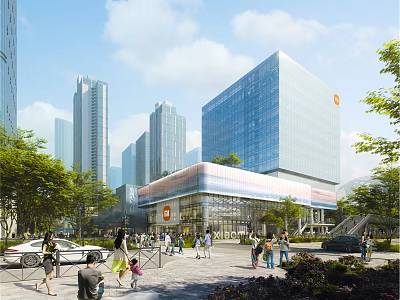 Modern Glass Facade Office Building With Surrounding High Rises Pedestrians Greenery And Urban Square Area 3d model