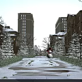 Charming Winter Snow Covered Luxury Residential Community Garden Landscape With Cute Snowman And Pine Trees