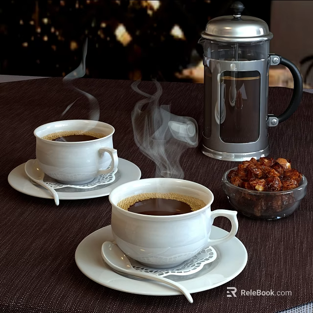 Hot Coffee in White Cups with Saucers and Glass Coffee Pot and Nuts on Table 3d model 