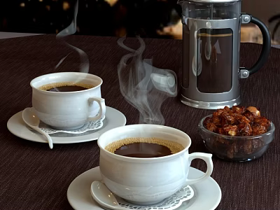 Hot Coffee in White Cups with Saucers and Glass Coffee Pot and Nuts on Table 3d model