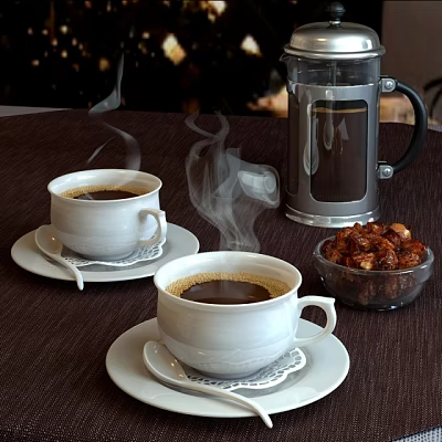 Hot Coffee in White Cups with Saucers and Glass Coffee Pot and Nuts on Table 3d model