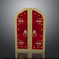 Ornate Red Double Door With Beige Frame And Intricate Gold Decorative Details