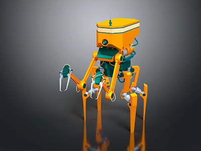 Orange Mechanical Robot Creature With Multi Legs And Articulated Arms 3d model
