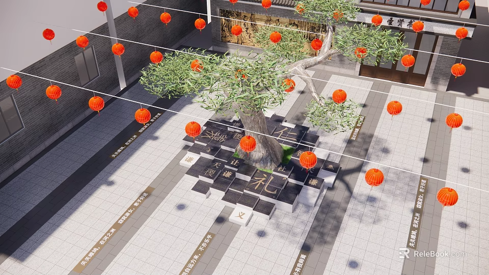 Tree Pit with Large Tree and Hanging Orange Lanterns in Paved Courtyard Area 3d model 