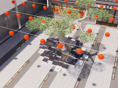 Tree Pit with Large Tree and Hanging Orange Lanterns in Paved Courtyard Area 3d model