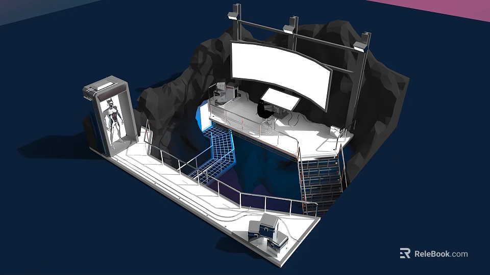 Cartoon Style Stage Scene Featuring Large Screen Rock Background Stairs And Railing 3d model 