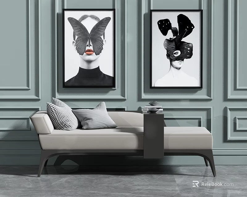 Modern Chaise Lounge With Light Gray Wall Black White Artwork Gray Cushions And Side Table 3d model 