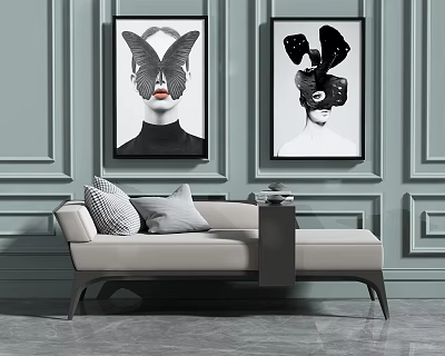 Modern Chaise Lounge With Light Gray Wall Black White Artwork Gray Cushions And Side Table 3d model