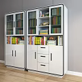 Modern White Bookcase Interior With Colorful Books Decorative Items And Glass Doors