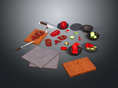 Fresh Raw Meat Preparation With Cutting Boards Knives Bell Peppers And Cucumber Slices 3d model