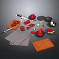 Fresh Raw Meat Preparation With Cutting Boards Knives Bell Peppers And Cucumber Slices