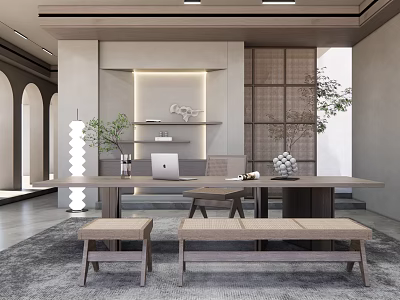 Modern Minimalist Study Room Interior With Large Wooden Desk Laptop Benches Green Plants And Warm Lighting 3d model