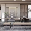 Modern Minimalist Study Room Interior With Large Wooden Desk Laptop Benches Green Plants And Warm Lighting