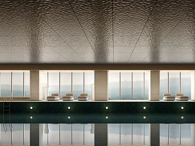 Elegant Swimming Pool Interior With Metal Ceiling Large Windows Poolside Seats And Water Reflections 3d model