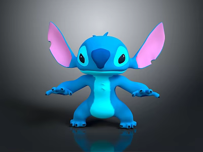Stitch Blue 3D Character With Large Pink Ears In Standing Pose Render 3d model