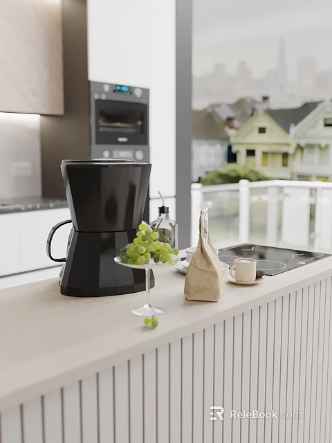Modern Kitchen Countertop Setup With Coffee Maker Grapes And Ceramic Cup 3d model