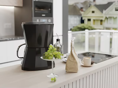 Modern Kitchen Countertop Setup With Coffee Maker Grapes And Ceramic Cup 3d model