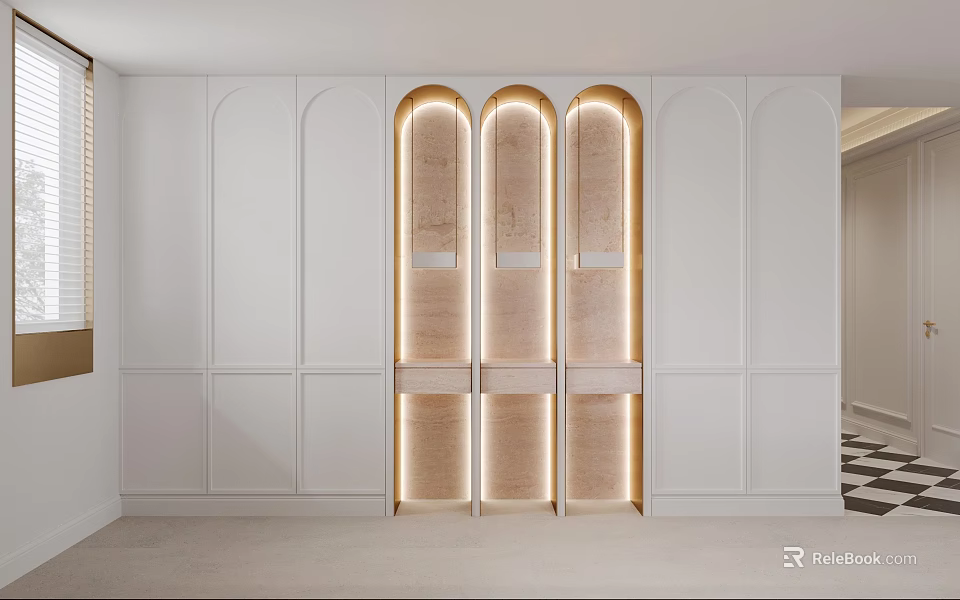 Elegant Modern Decorative Cabinet Interior With Arched Design Lighting And Wooden Panels 3d model 