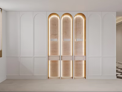 Elegant Modern Decorative Cabinet Interior With Arched Design Lighting And Wooden Panels 3d model