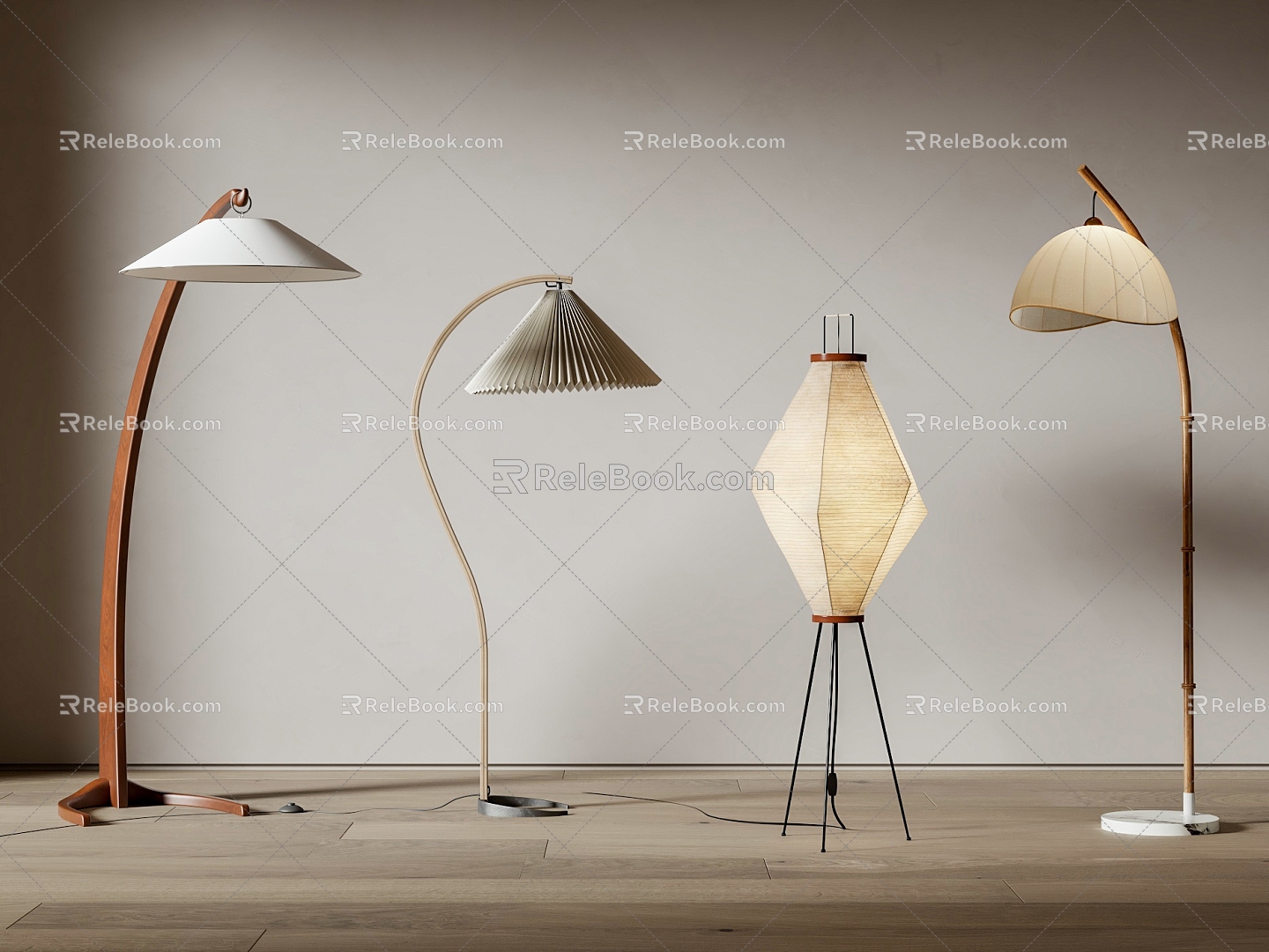 Middle Ancient Floor Lamp Combination and Paper Floor Lamp Combination 3d model