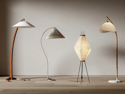 Modern Stylish Floor Lamps With Curved Arms Wooden Metal Bases And Diverse Shades 3d model