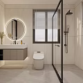 Modern Bathroom Interior With White Marble Walls Wall Mounted Toilet Shower Area And Storage Cabinets