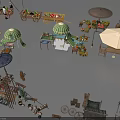 Colorful Outdoor Market Stalls Featuring Various Awnings Umbrellas and Vendor Carts