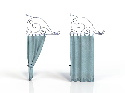 Decorative Metal Curtain Rods With Light Blue Patterned Curtains For Daily Use 3d model