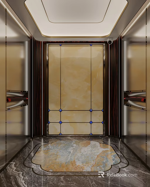 Luxurious Elevator Interior Design With Marble Walls Dark Frames And Blue Accents 3d model