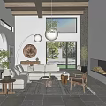 Modern Living Room With Wooden Beams White Pendant Lights Stone Fireplace And Floor To Ceiling Windows