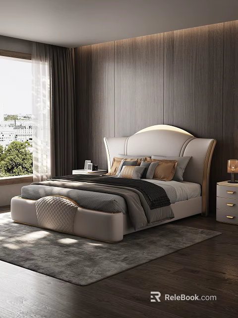 Luxurious Double Bed with White Headboard Lighting Design Pillows Nightstands Table Lamps Dark Wooden Walls 3d model 