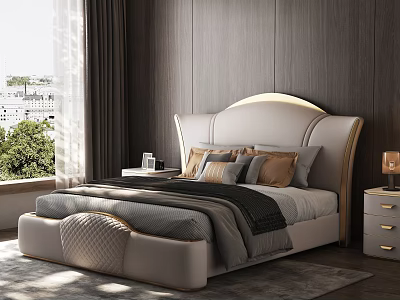 Luxurious Double Bed with White Headboard Lighting Design Pillows Nightstands Table Lamps Dark Wooden Walls 3d model